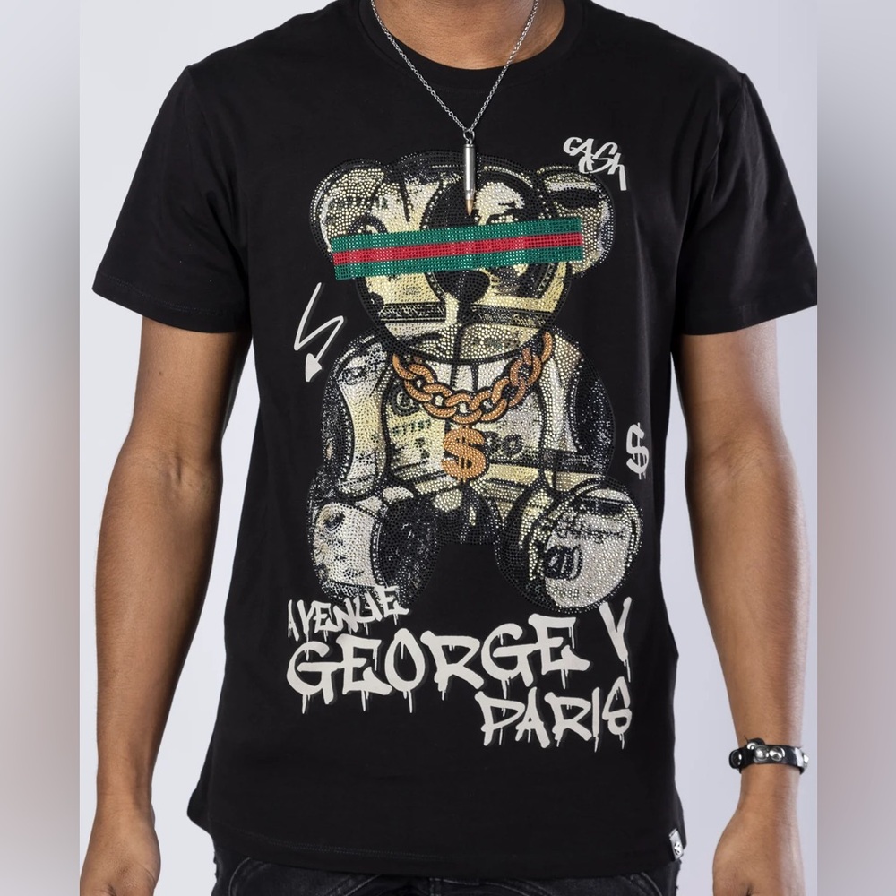 Avenue George V Paris Rhinestone Money Bear Graphic Tee – Black Men’s Large NWT